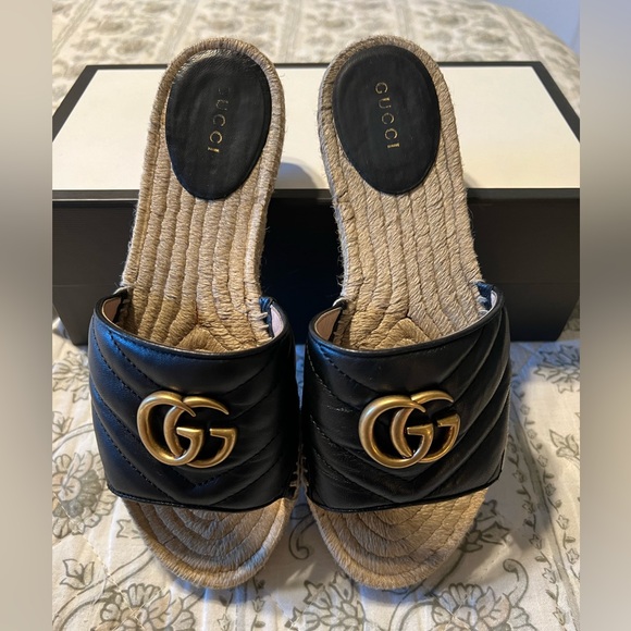 GUCCI GG MARMONT MATELASSE LEATHER BLACK ESPADRILLE SANDAL WOMEN 37 (7 US) - Picture 4 of 9